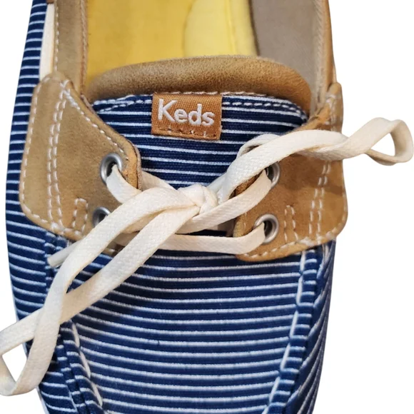 Keds Ortholite Navy White Tan Striped Loafers Shoes Laces Size 8.5 - Picture 4 of 12